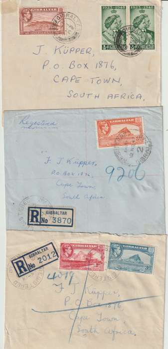 Gibraltar 1947/48 KGVI x3 coves adressed to South Africa fine