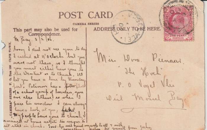 Cape of Good Hope 1906 KEVII 1d on p/p/card from Mosselbay to Vogel Vlei arrival cancel