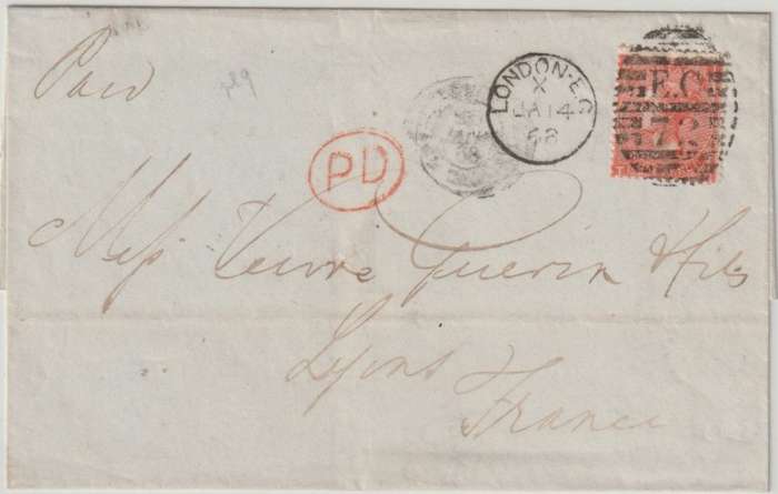 Great Britain 1868 QV 4d vermillion plate  9 on entire to France very, fine
