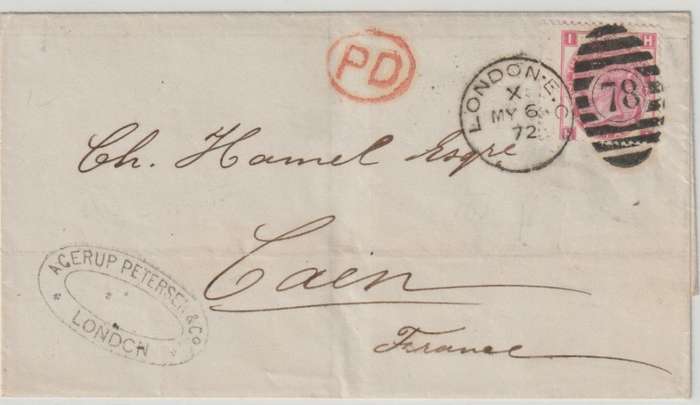 Great Britain 1872 QV 3d rose plate 7 on wrapper from London to France very fine