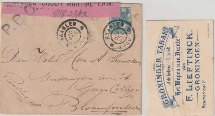 Anglo Boer War 1901 Netherlands Haarlem censored cover to Grey College Bloemfontein