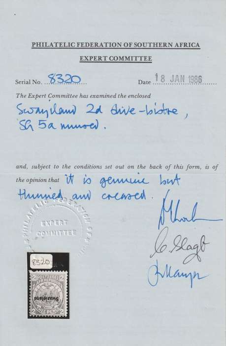 Swaziland 1889-1890 Transvaal overprinted 2d perf 12 1/2d inverted overprint with certificate