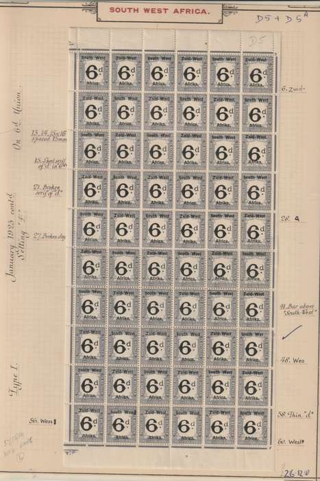 South West Africa Postage Due 1923 6d SA full pane of 60 block with Wes variety unmounted mint