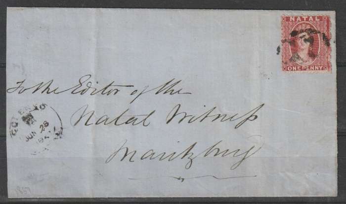 Natal 1867 QV 1d rose-red on part wrapper with BONC 17 and Colenso cds with manuscript day