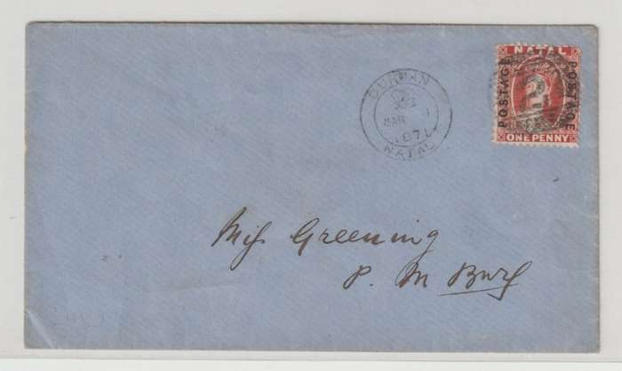 Natal 1871 QV 1d bright red on cover with BONC 2 & proving Durban canceller addressed to P M Burg