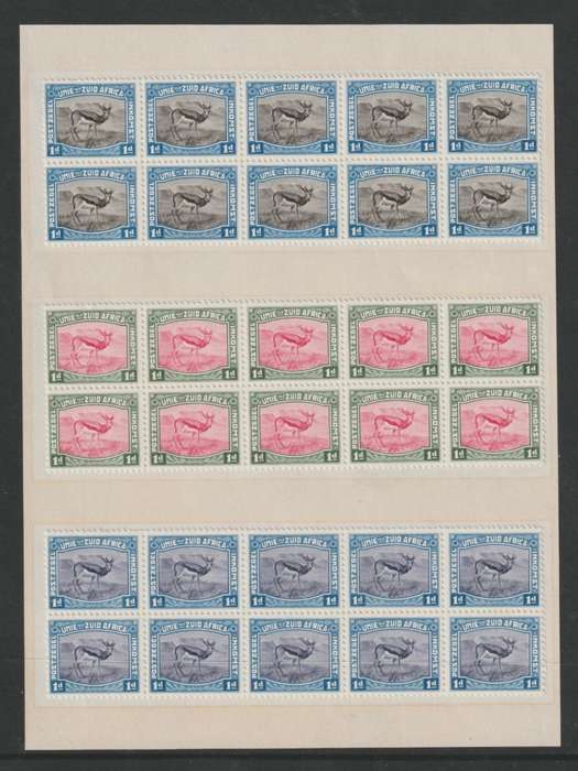 South Africa 1923 Harrison Essay 1d blue & black, carmine & green and violet & blue blocks 10