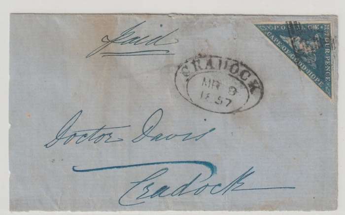 Cape of Good Hope 1857 4d deep blue clear margins on part wrapper to Cradock very fine