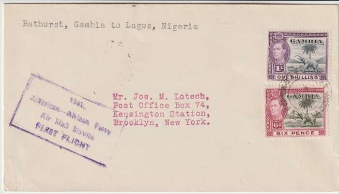 Gambia 1941 KGVI 6d & 1s on First Flight cover Bathurst to NY via Nigeria very fine