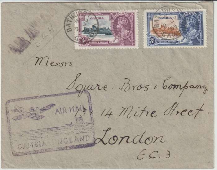 Gambia 1935 KGV 3d & 1s on First Flight cover Bathurst to UK very fine