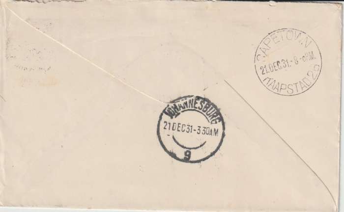 South Africa 1932 27 January 1st Flight Wilton Rd Uk to Cape Town, very fine