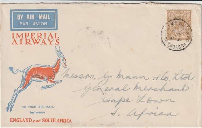South Africa 1932 27 January 1st Flight Wilton Rd Uk to Cape Town, very fine