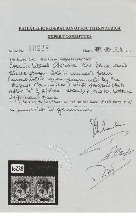 South West Africa 1923 KGV Type I 10s with dropped stop pair very fine unmounted with certificate