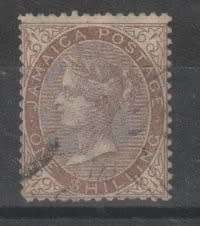 Jamaica 1860 QV 1s dull brown with variety $ of S in shilling fine used