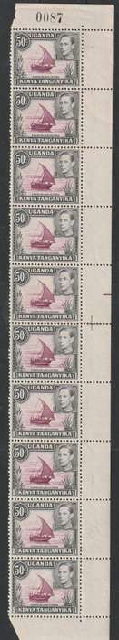 Kenya Uganda Tanganyika 1938 KGVI 50c  perf 13  x 11 3/4 strip of 10 with sheet number
