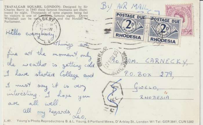 Rhodesia 1965 Great Britain postcard to Gwelo T14c tax marking and 2x 2d postage dues applied