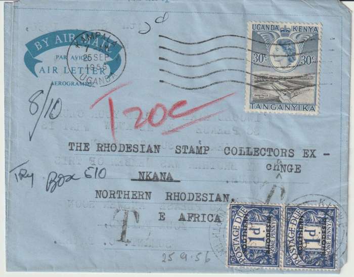 Southern Rhodesia 1956 KUT QEII Air Letter to Nkana with due marking sand 1d postage due pair