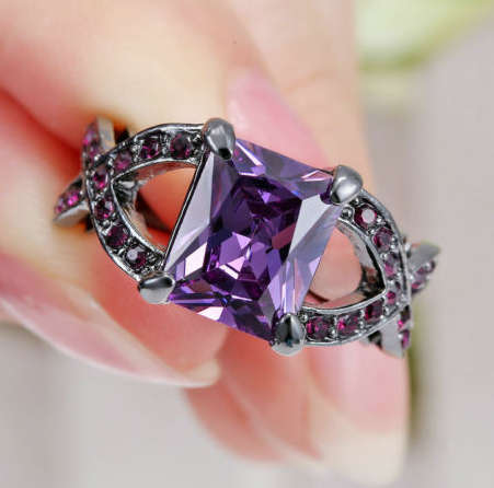 Flashy Purple Amethyst Crystals Set in 18ct Black Gold Imported Filled Ring