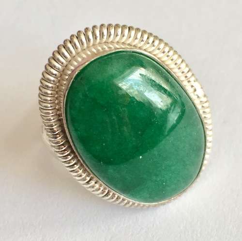 China Jade Oval Shape Dark Green Gemstone Set in 925 Sterling Silver Imported Filled Ring