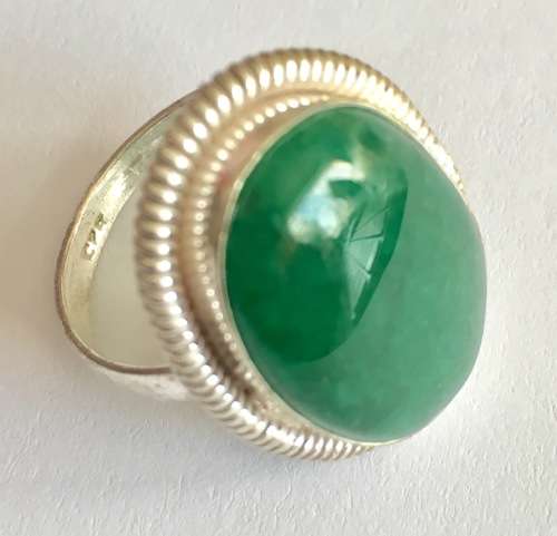 China Jade Oval Shape Dark Green Gemstone Set in 925 Sterling Silver Imported Filled Ring