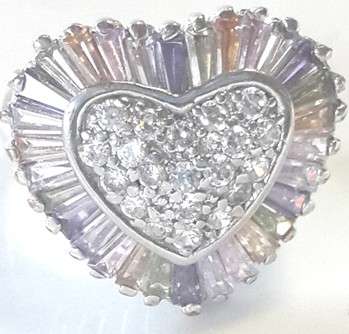 Glamorous Heart Shape Fruit Salad Diamond Impressions Set in 925 Sterling Silver #Size 7