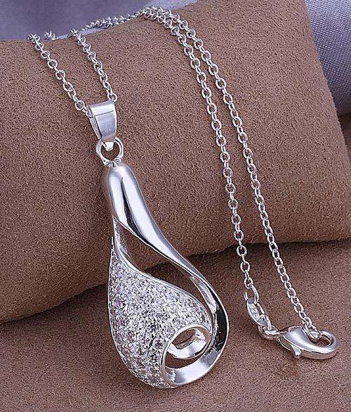 Flashing White Crystals Set in Solid 925 Sterling Silver Pendant with Matching Neck Chain