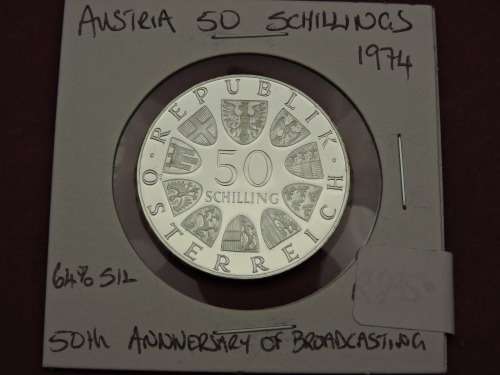 1974 Austria 50 Schilling 50th Anniversary of broardcasting coin