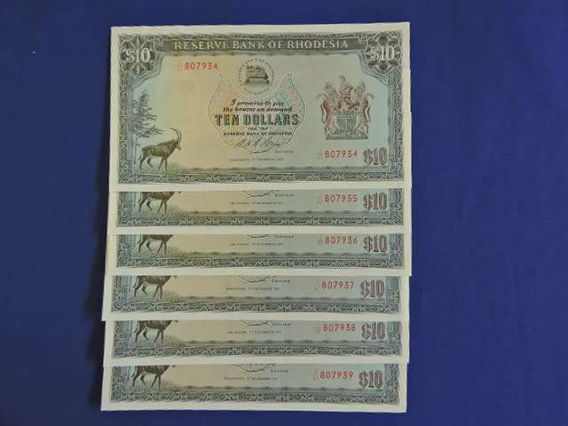 Reserve Bank Of Rhodesia $10 Ten Dollar 1975 sequential Bank Notes ( x6 Notes )