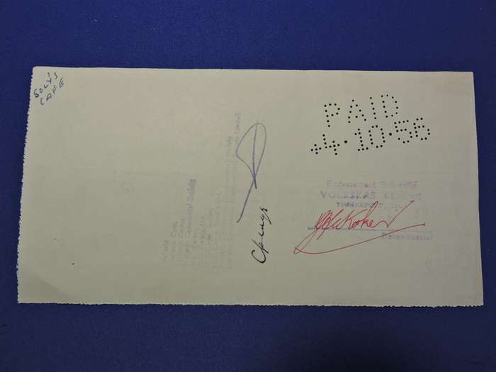 Bank Cheque x 2  1956 National Bank of SA and Barclays Bank D.O.C London.