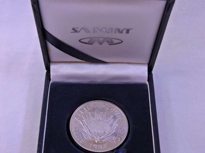 Proof 1992 Protea R1 Silver Coin  Soli Deo Gloria  Low mintage coin in SA Mint blue box