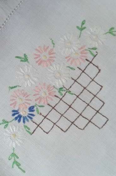 Linen embroidered tray cloth daisies and trellis work soft colours
