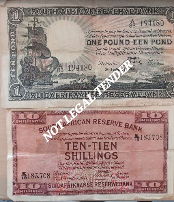 2 x SOUTRH AFRICAN RESERVE BANK NOTES : 1 X 10 SHILLING AND 1 X POUND