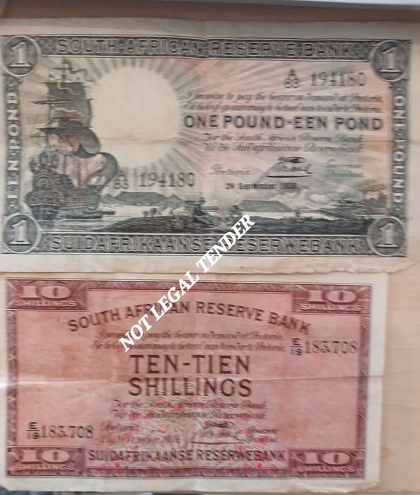 2 x SOUTRH AFRICAN RESERVE BANK NOTES : 1 X 10 SHILLING AND 1 X POUND