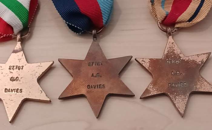 3 X WW2 STAR MEDALS:  A.S. DAVIES  - THE AFRICA STAR , THE ITALY STAR AND THE 1939-1947 STAR