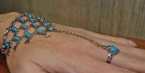 Retro Boho Silver Tone and Turquoise Enamel Adjustable Ring Hand Harness Bracelet Combo