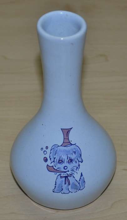 Vintage Manjoy Pottery Light Blue Glazed Bud Vase with Hand Painted Dog