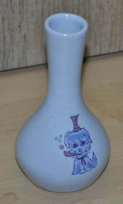 Vintage Manjoy Pottery Light Blue Glazed Bud Vase with Hand Painted Dog