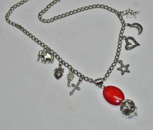 Vintage Silver Tone Charm Necklace with Red Bead and Woven Sphere Pendant