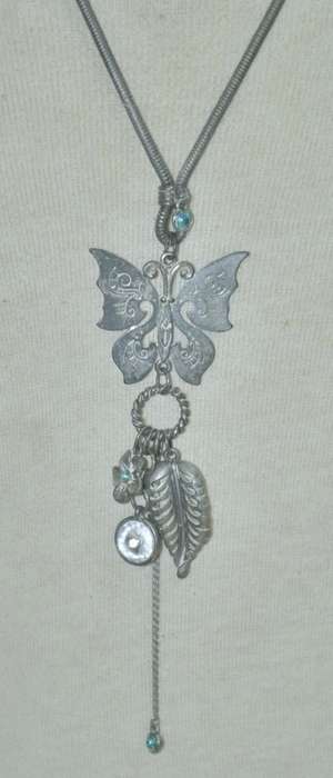 Vintage Matt Silver Tone Necklace with Silver Tone Butterfly Pendant, Dangling Charms and Crystal
