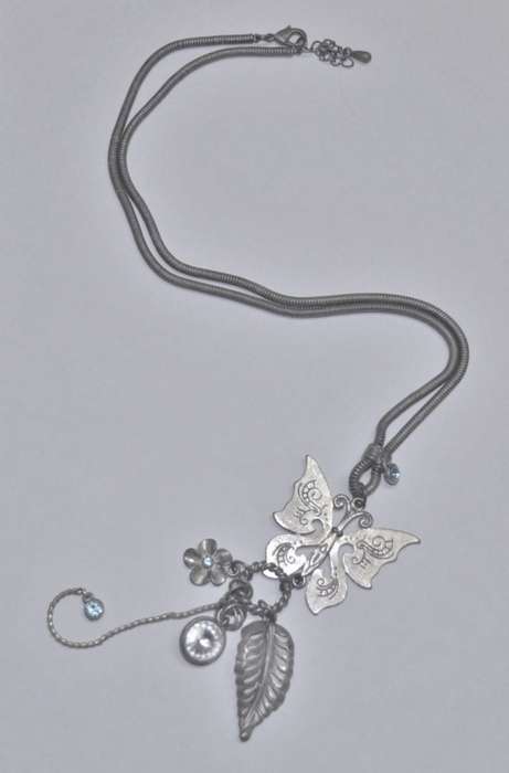 Vintage Matt Silver Tone Necklace with Silver Tone Butterfly Pendant, Dangling Charms and Crystal