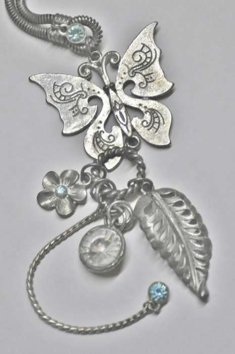 Vintage Matt Silver Tone Necklace with Silver Tone Butterfly Pendant, Dangling Charms and Crystal