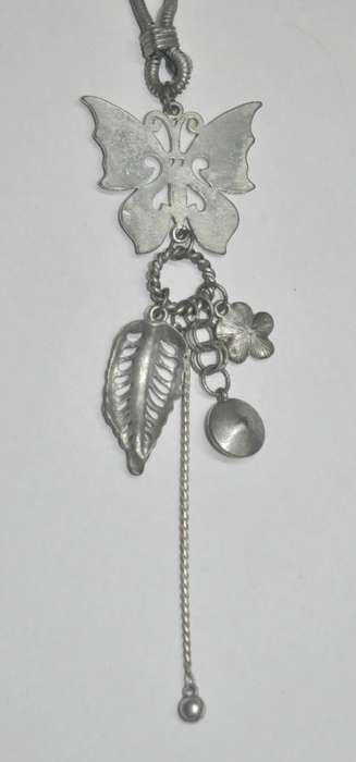 Vintage Matt Silver Tone Necklace with Silver Tone Butterfly Pendant, Dangling Charms and Crystal
