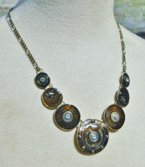 Vintage Handmade Antique Brass Tone, Golden Brown Enamel and Clear Rhinestone Statement Necklace