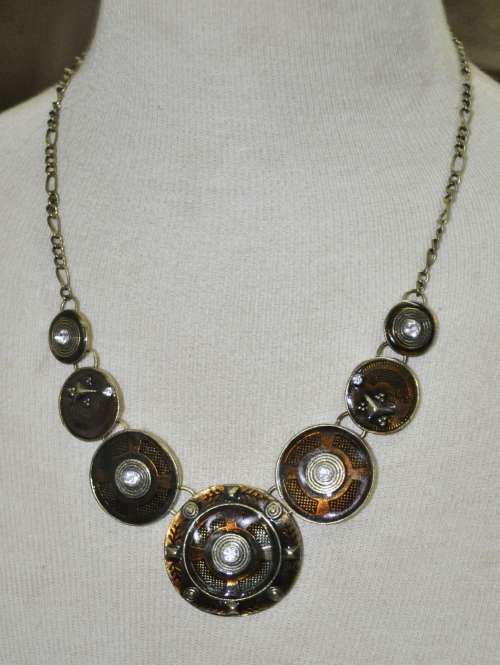 Vintage Handmade Antique Brass Tone, Golden Brown Enamel and Clear Rhinestone Statement Necklace