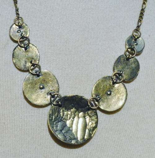 Vintage Handmade Antique Brass Tone, Golden Brown Enamel and Clear Rhinestone Statement Necklace