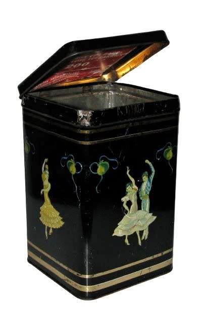 Vintage, Collectible Black and Gold Tea Tin Featuring Flamenco Dancers