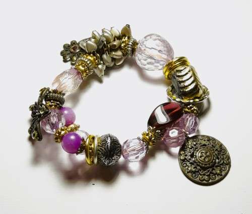 Vintage Purple, Brass and Silver Tone Multi-bead and Charms Stretch Bracelet