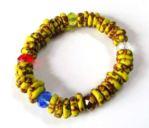Vintage Mustard Yellow African Trade Bead Stretch Bracelet with Faceted Crystal Beads - Ghana