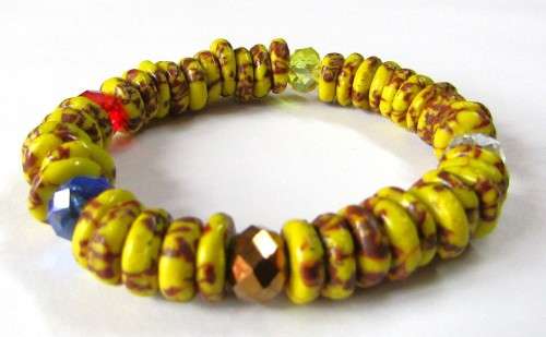 Vintage Mustard Yellow African Trade Bead Stretch Bracelet with Faceted Crystal Beads - Ghana