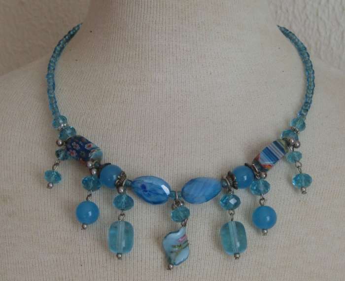 Vintage hand made aqua genuine Murano Glass beaded necklace with silver tone accents