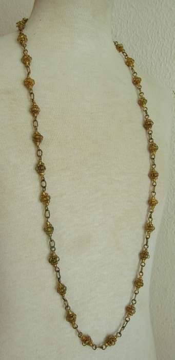 Vintage 1940s gilt brass wire basket bead necklace
